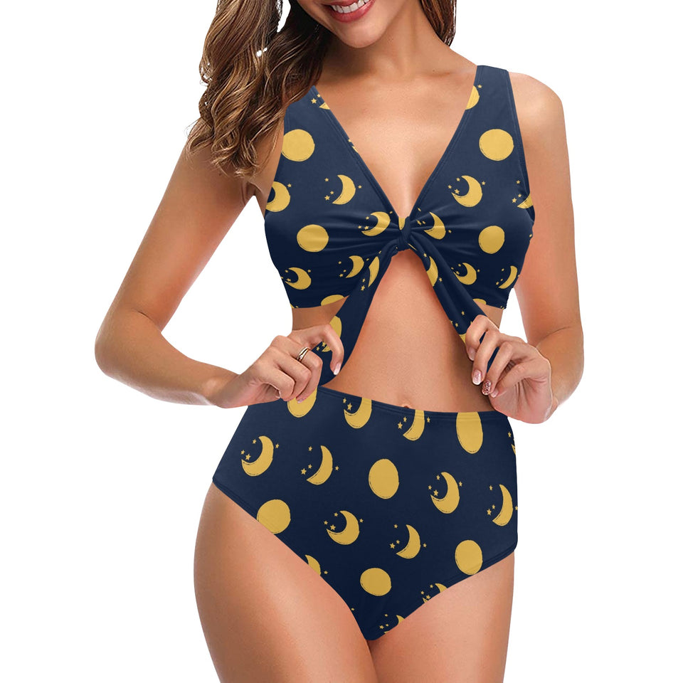 Moon star pattern Chest Bowknot High Waisted Bikini Swimsuit