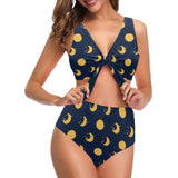 Moon star pattern Chest Bowknot High Waisted Bikini Swimsuit