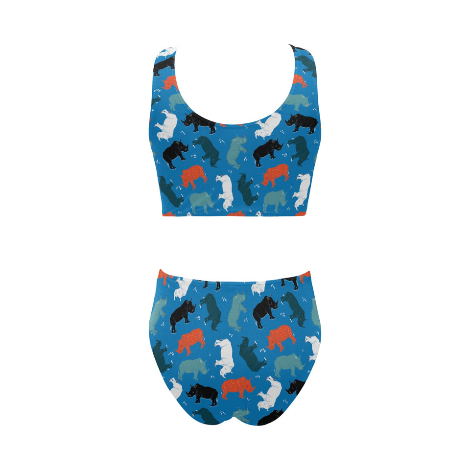 Colorful rhino pattern Chest Bowknot High Waisted Bikini Swimsuit