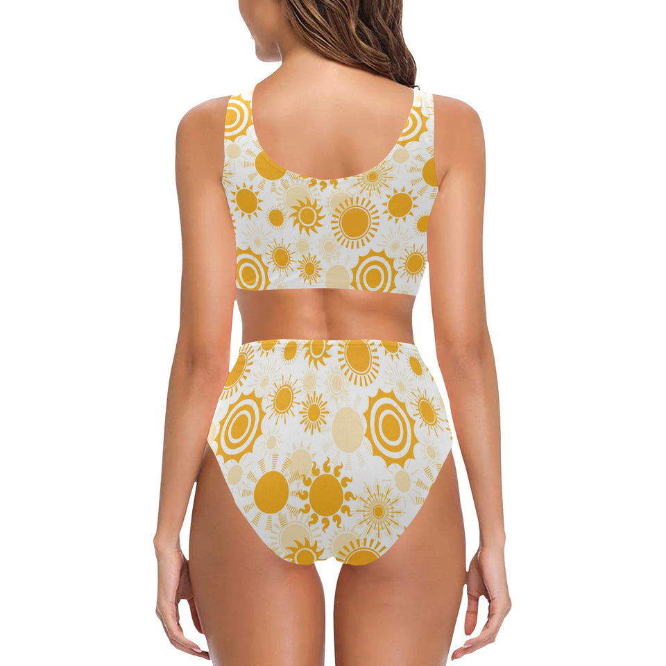 Sun design pattern Chest Bowknot High Waisted Bikini Swimsuit