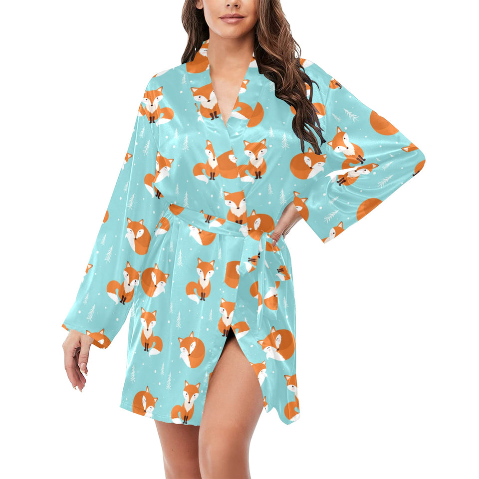 Fox pattern blue b ackground Women's Long Sleeve Belted Night Robe