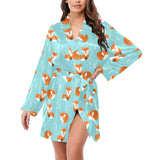 Fox pattern blue b ackground Women's Long Sleeve Belted Night Robe