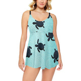 Sea turtle with blue ocean backgroud Chest Sexy Pleated Two Piece Swim Dress