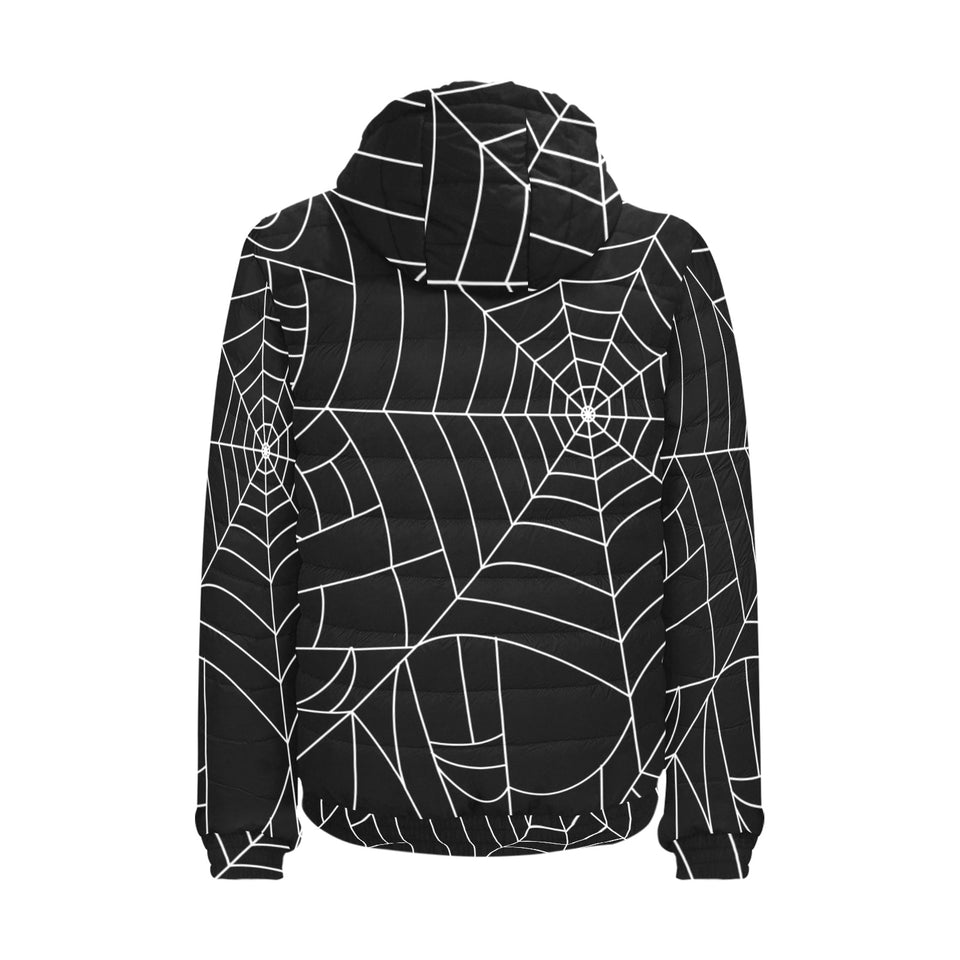 Spider web pattern Black background white cobweb Men's Padded Hooded Jacket