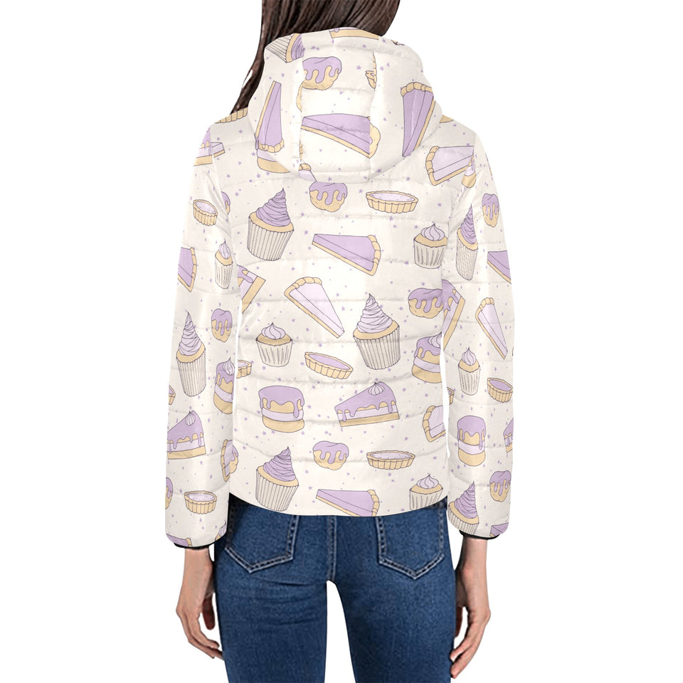 Cakes pies tarts muffins and eclairs purple bluebe Women's Padded Hooded Jacket