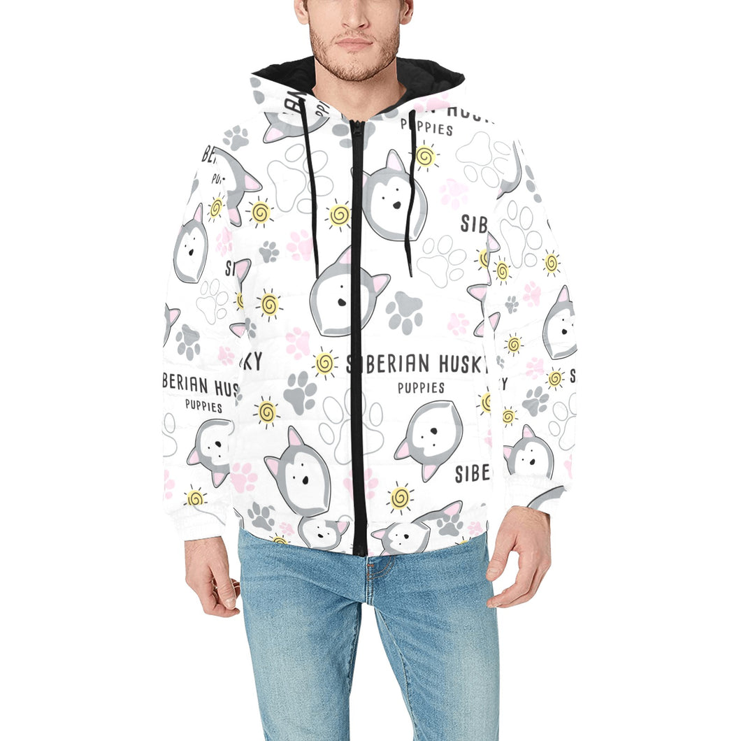 Siberian Husky design pattern Men's Padded Hooded Jacket