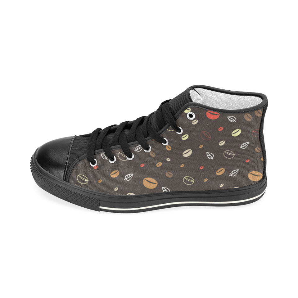 Coffee bean leave pattern Women's High Top Canvas Shoes Black