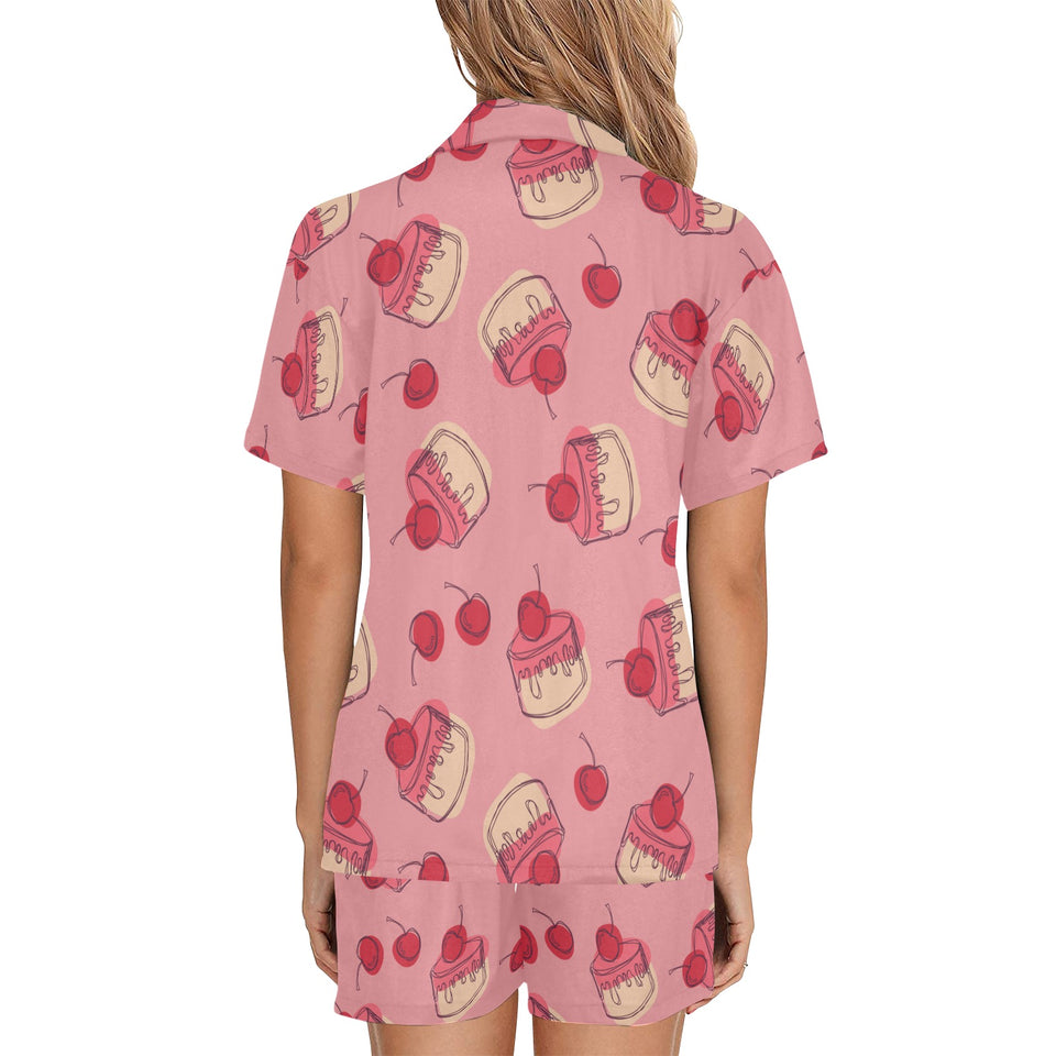 Cake cherry pattern Women's V-Neck Short Pajama Set