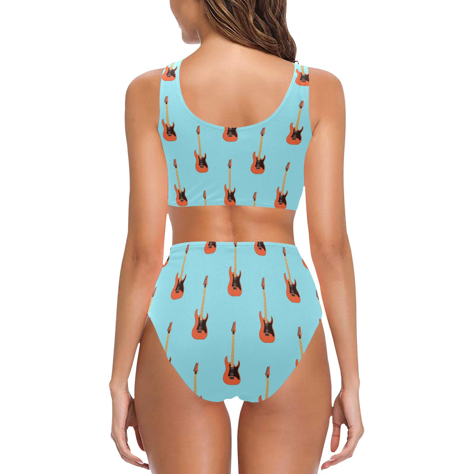electric guitar pattern light blue background Chest Bowknot High Waisted Bikini Swimsuit