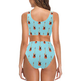 electric guitar pattern light blue background Chest Bowknot High Waisted Bikini Swimsuit