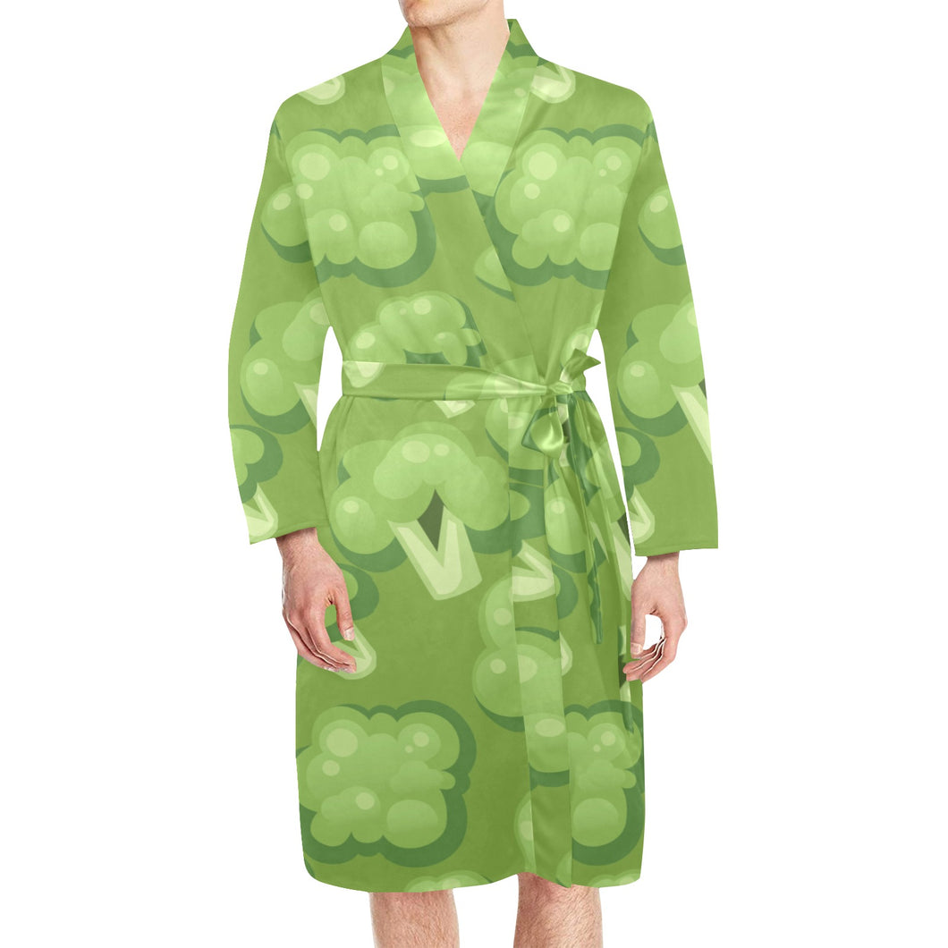 Broccoli pattern green background Men's Long Sleeve Belted Night Robe
