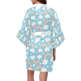 Cute rainbow clound star pattern blue background Women's Short Kimono Robe