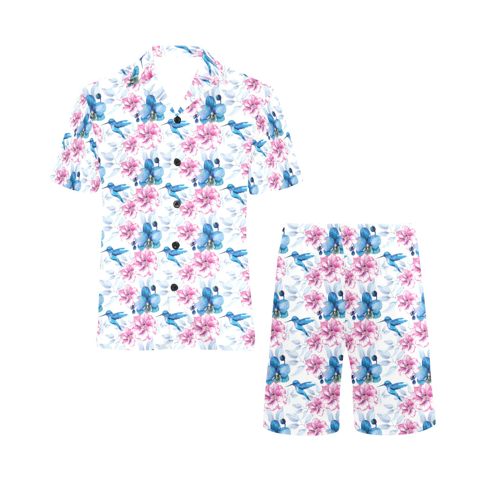 Hummingbird Pattern Print Design 02 Men's V-Neck Short Pajama Set