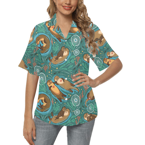 cute brown sea otters ornamental seaweed corals gr Women's All Over Print Hawaiian Shirt