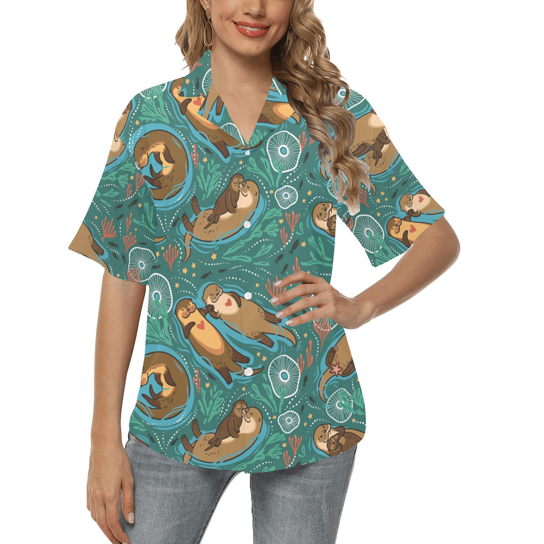 cute brown sea otters ornamental seaweed corals gr Women's All Over Print Hawaiian Shirt