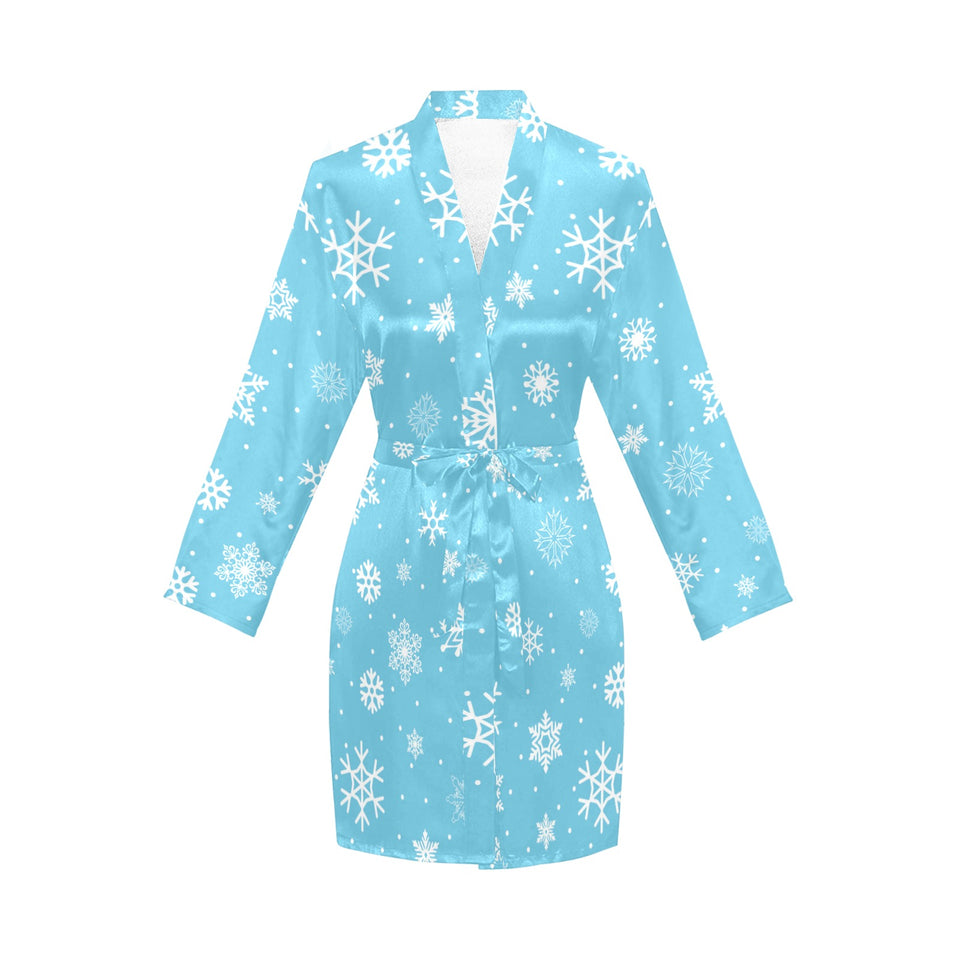 Snowflake pattern blue background Women's Long Sleeve Belted Night Robe