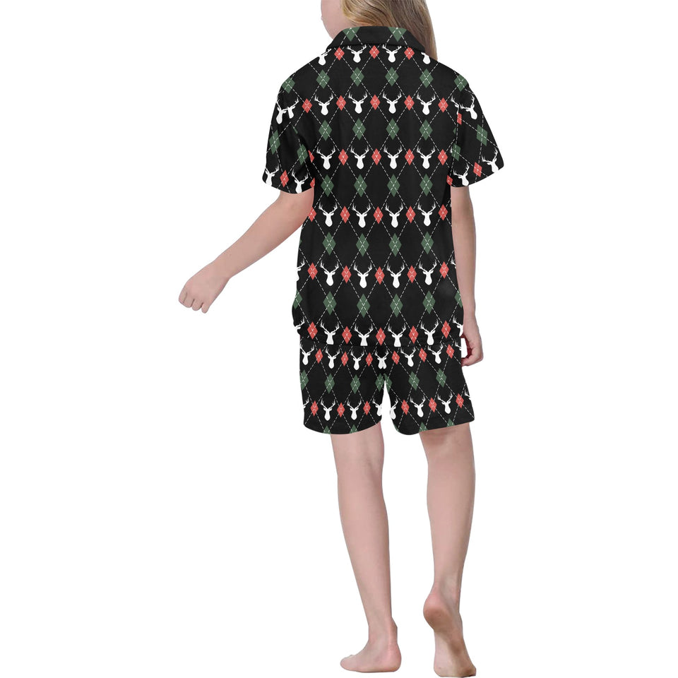 Deer Christmas new year pattern argyle Kids' Boys' Girls' V-Neck Short Pajama Set