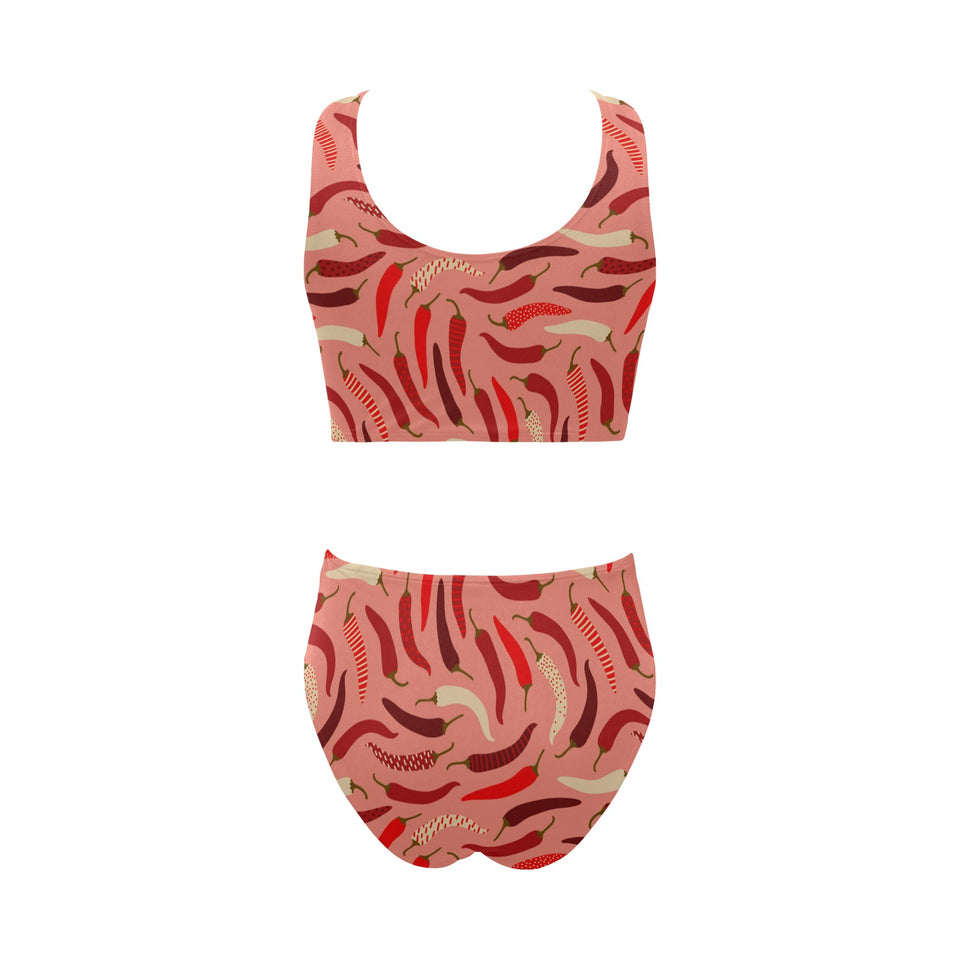 Beautiful Chili peppers pattern Chest Bowknot High Waisted Bikini Swimsuit