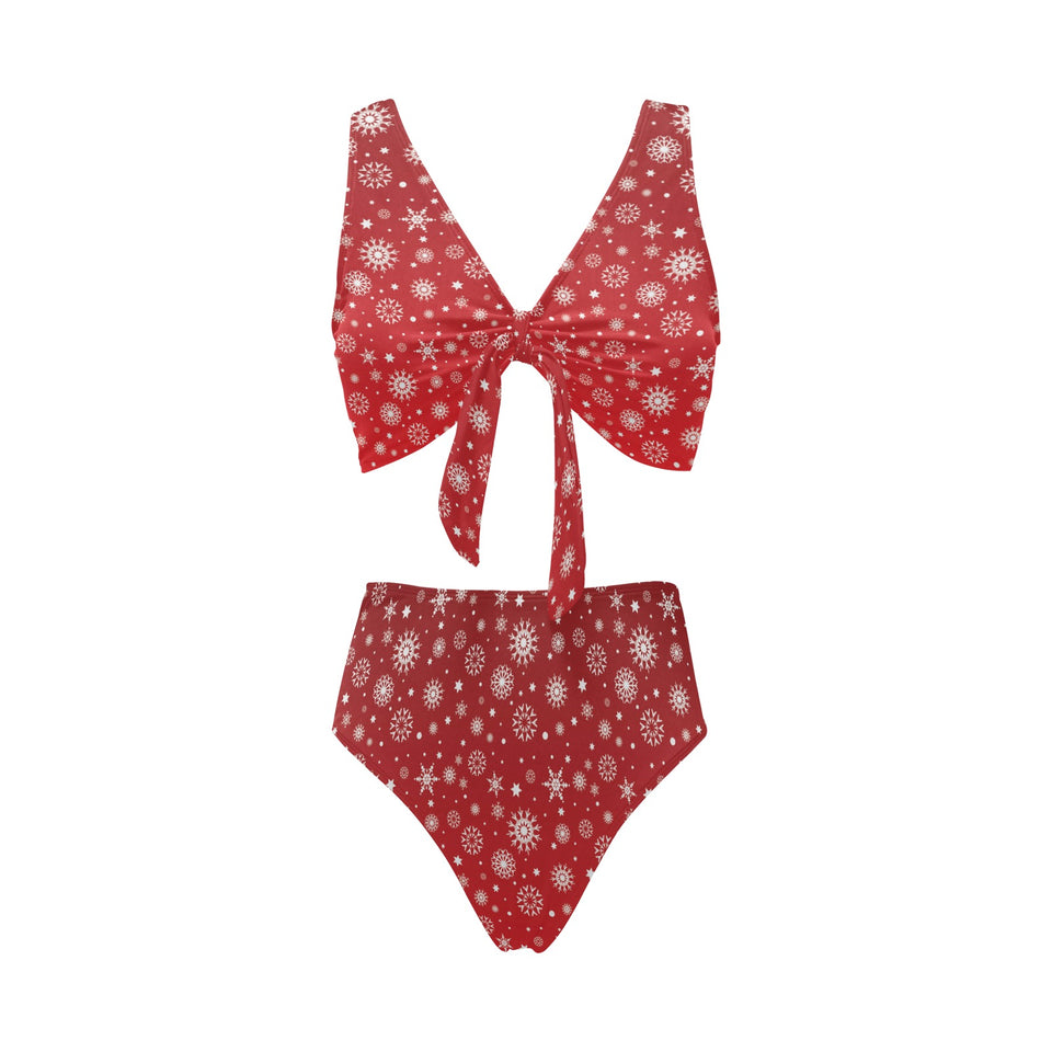 Snowflake pattern red background Chest Bowknot High Waisted Bikini Swimsuit