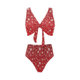 Snowflake pattern red background Chest Bowknot High Waisted Bikini Swimsuit