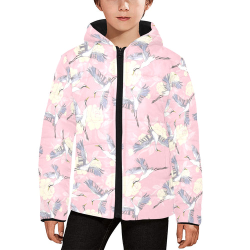 Japanese crane rose pattern Kids' Boys' Girls' Padded Hooded Jacket