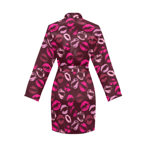 Lips Pattern Print Design 03 Women's Long Sleeve Belted Night Robe
