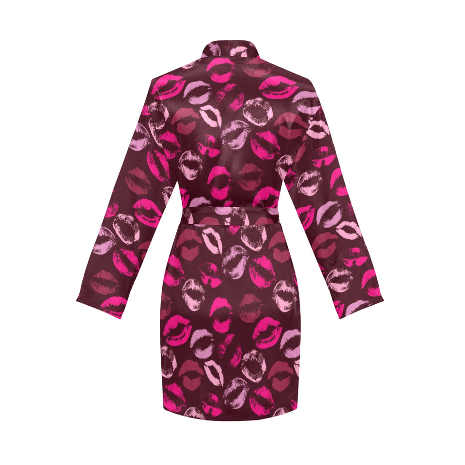 Lips Pattern Print Design 03 Women's Long Sleeve Belted Night Robe