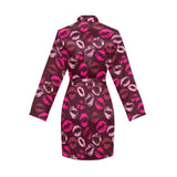 Lips Pattern Print Design 03 Women's Long Sleeve Belted Night Robe