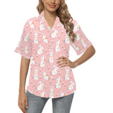 Cute white rabbit flower pink background Women's All Over Print Hawaiian Shirt