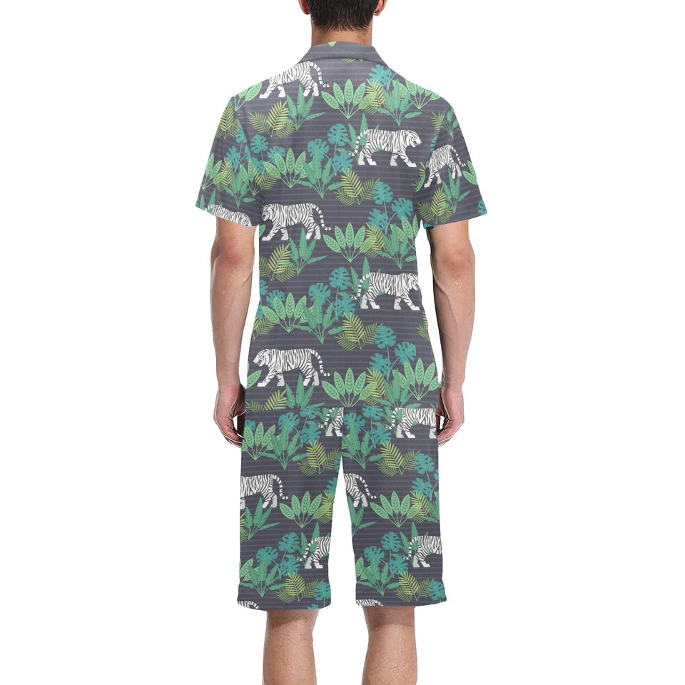 white bengal tigers tropical plant Men's V-Neck Short Pajama Set