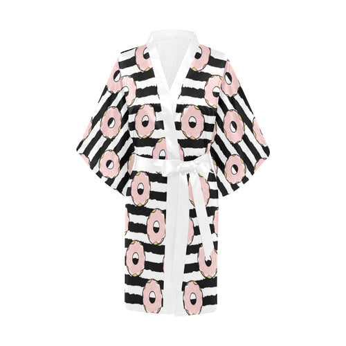 Donuts pink icing striped pattern Women's Short Kimono Robe
