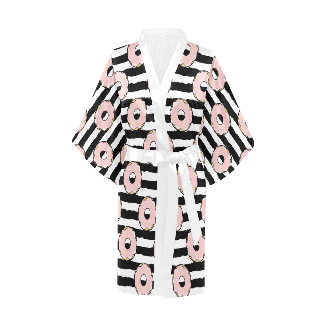 Donuts pink icing striped pattern Women's Short Kimono Robe