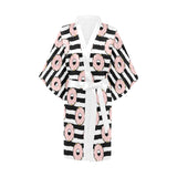 Donuts pink icing striped pattern Women's Short Kimono Robe