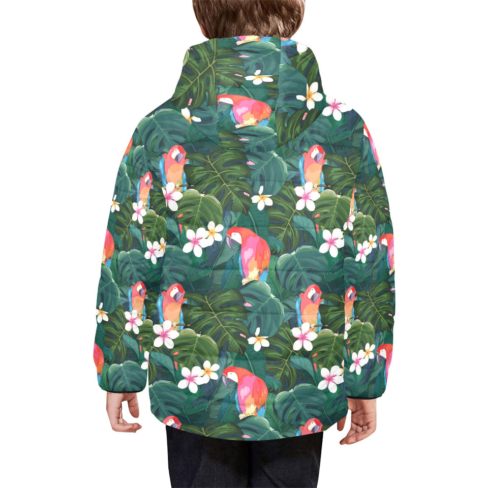Parrot Palm tree leaves flower hibiscus pattern Kids' Boys' Girls' Padded Hooded Jacket