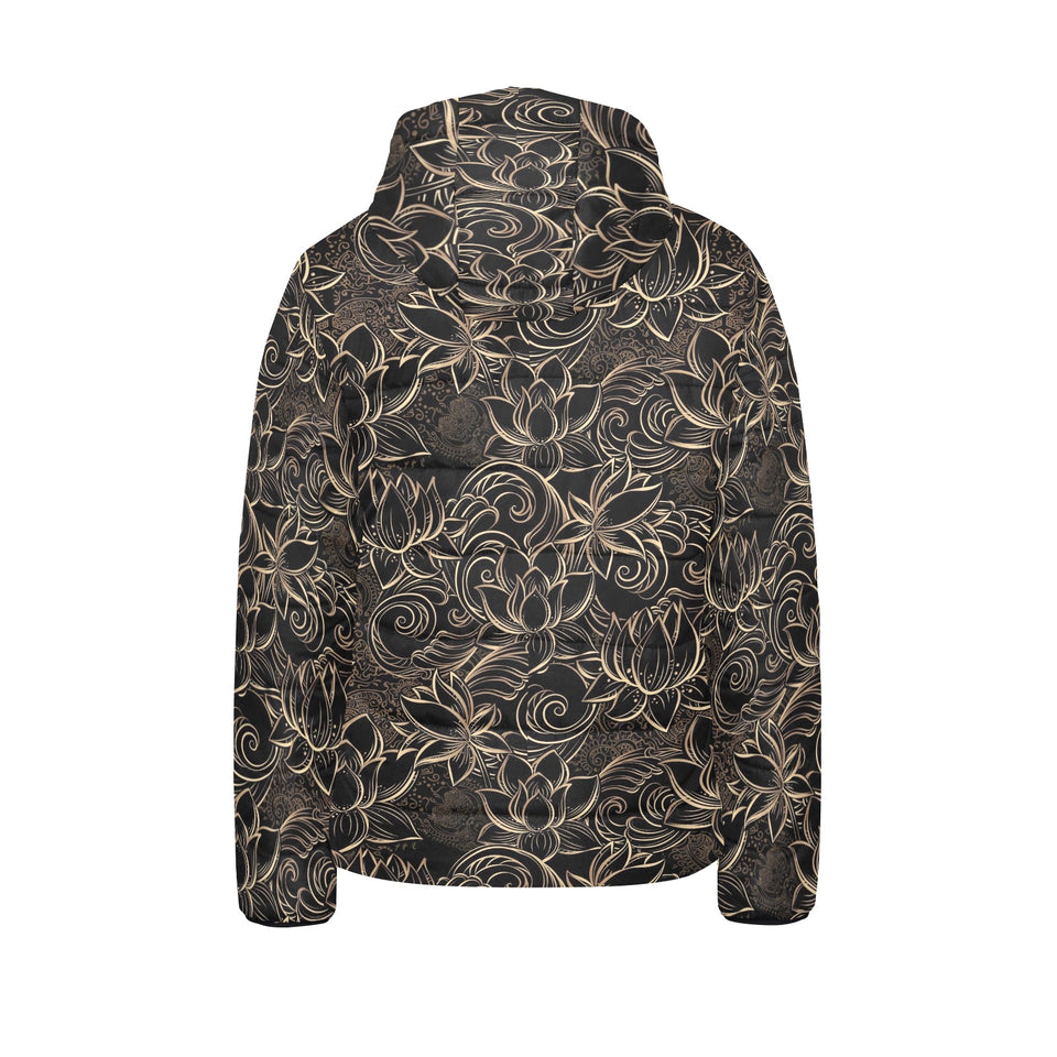 luxurious gold lotus waterlily black background Kids' Boys' Girls' Padded Hooded Jacket