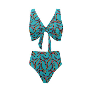 Boomerang Australian aboriginal ornament blue back Chest Bowknot High Waisted Bikini Swimsuit