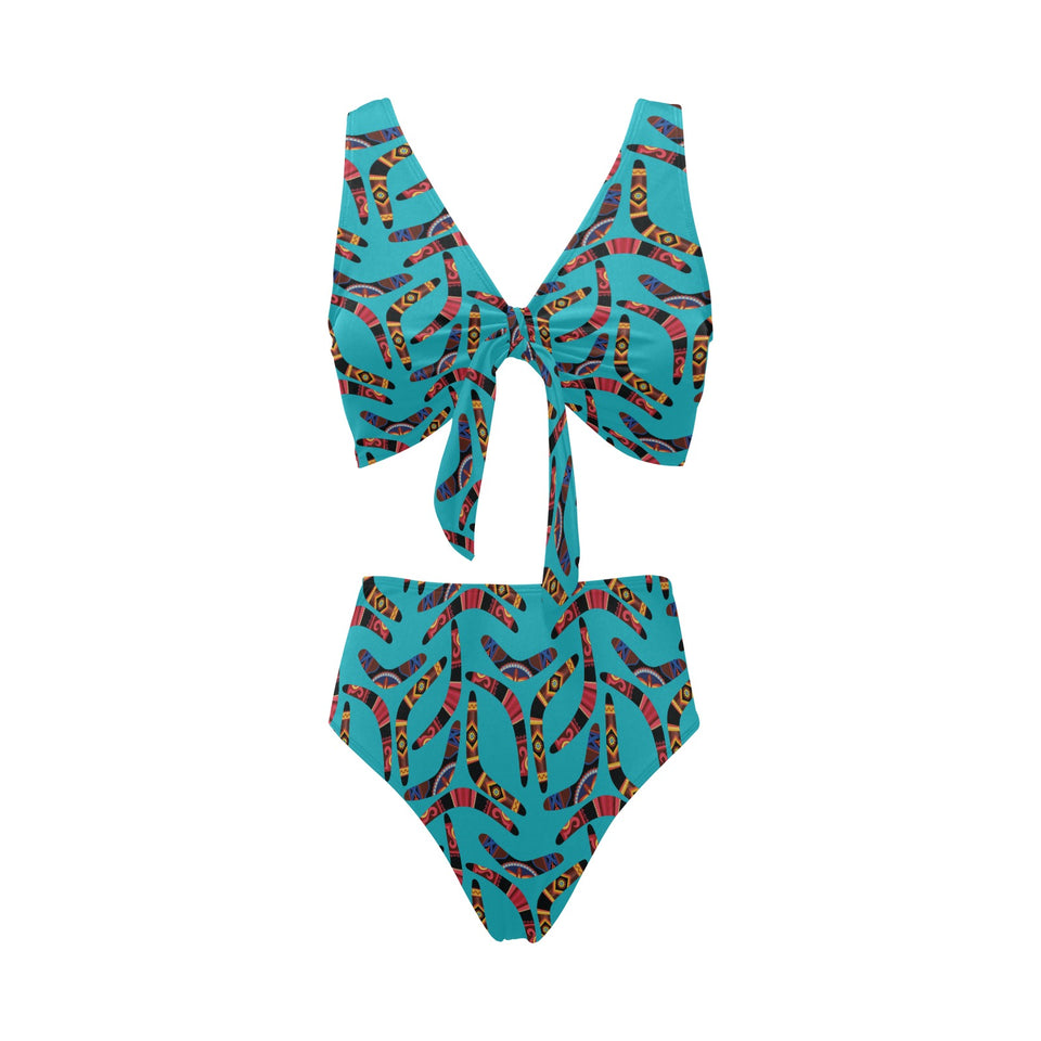 Boomerang Australian aboriginal ornament blue back Chest Bowknot High Waisted Bikini Swimsuit