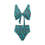 Boomerang Australian aboriginal ornament blue back Chest Bowknot High Waisted Bikini Swimsuit