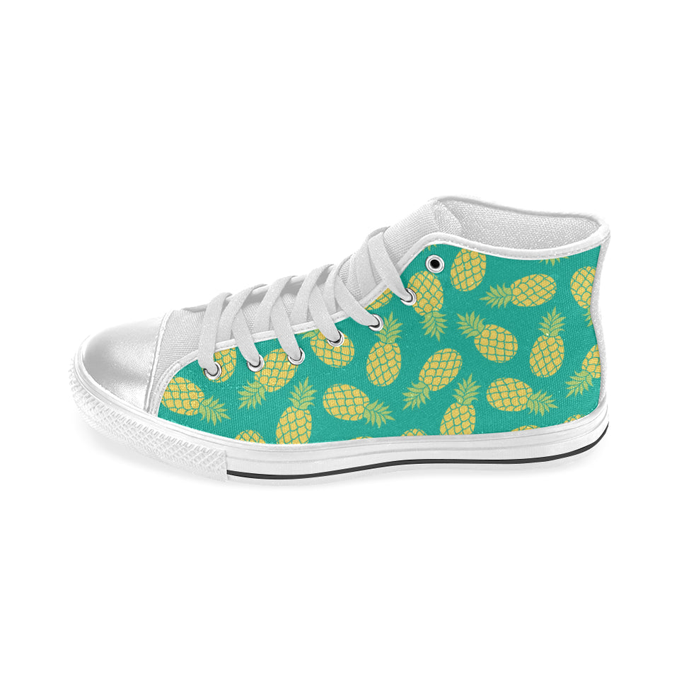 Pineapples pattern green background Women's High Top Canvas Shoes White