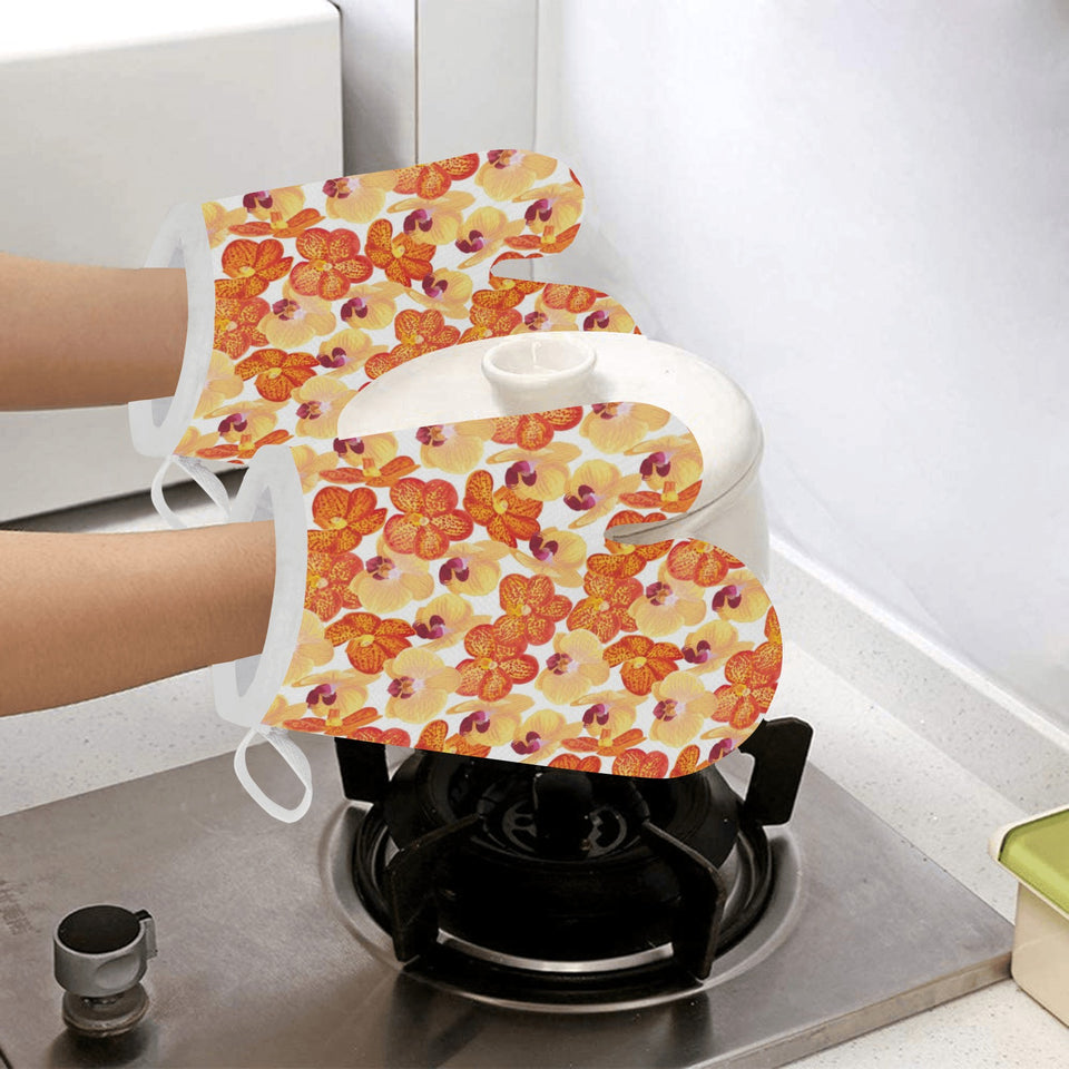 Orange yellow orchid flower pattern background Heat Resistant Oven Mitts