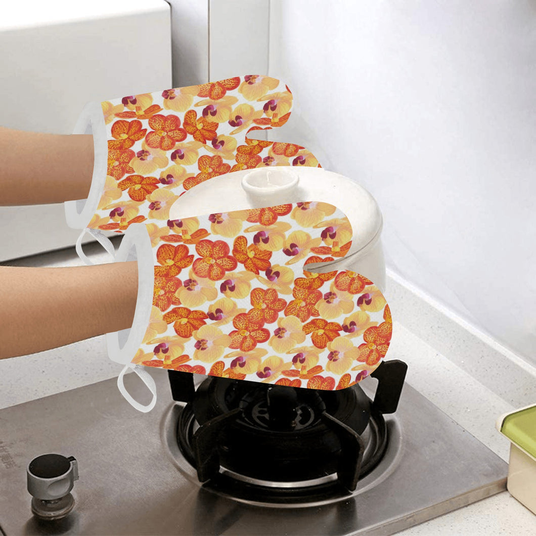 Orange yellow orchid flower pattern background Heat Resistant Oven Mitts