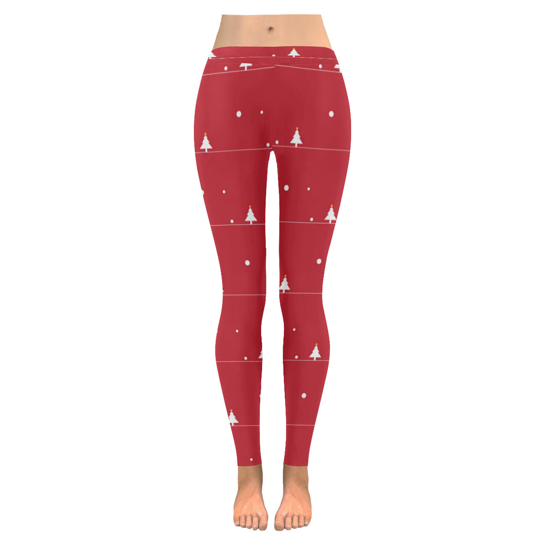 Christmas tree star snow red background Women's Legging Fulfilled In US