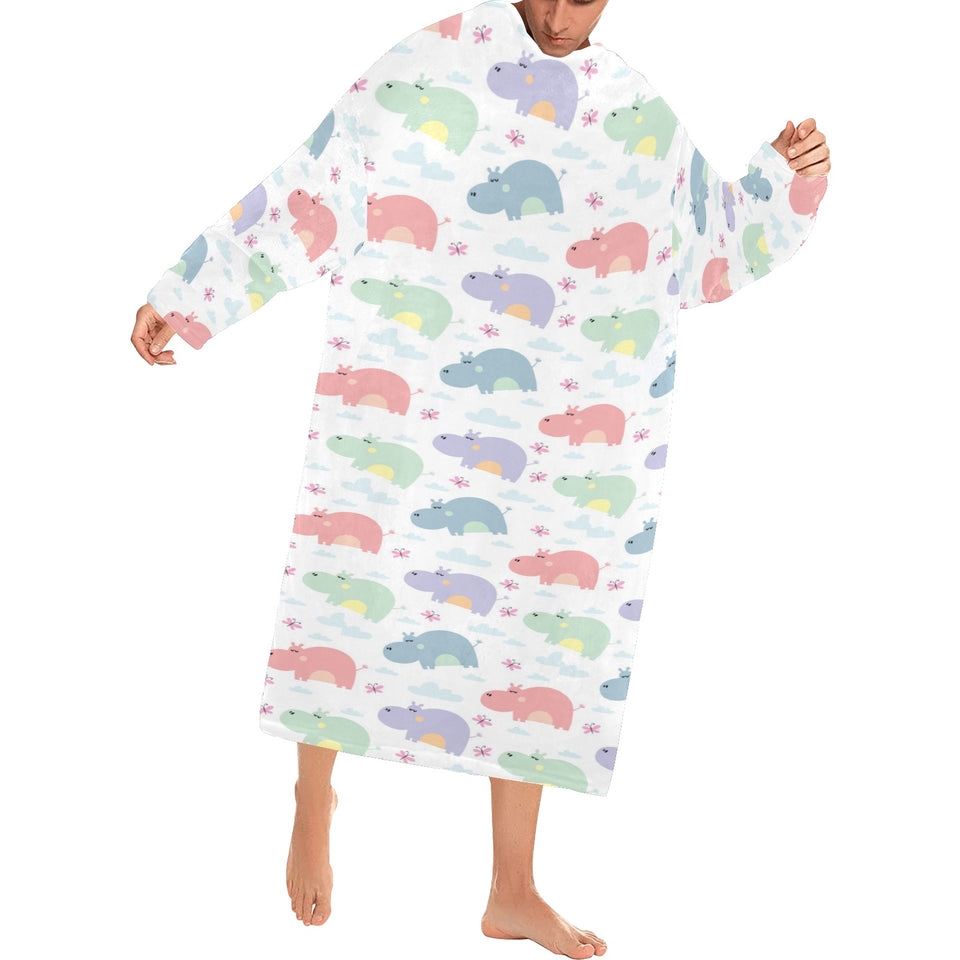 Hippopotamus Pattern Print Design 03 Blanket Robe with Sleeves