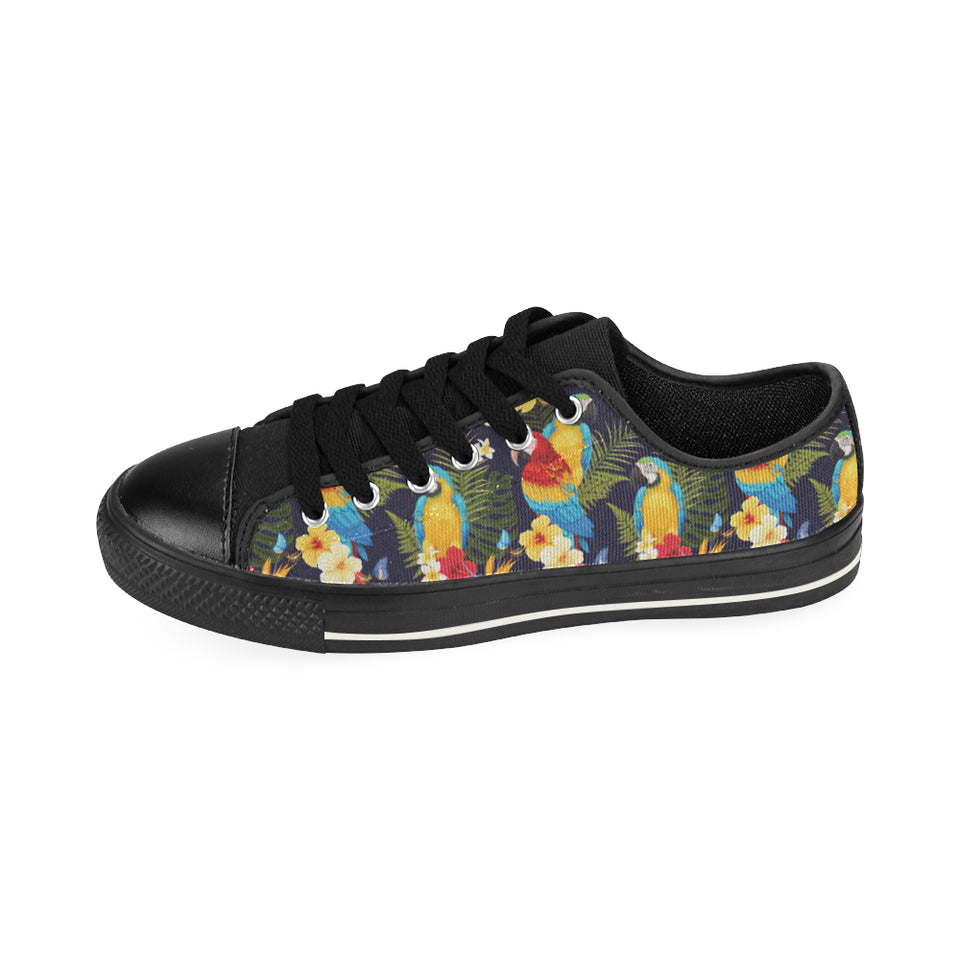 Colorful parrot flower pattern Men's Low Top Canvas Shoes Black