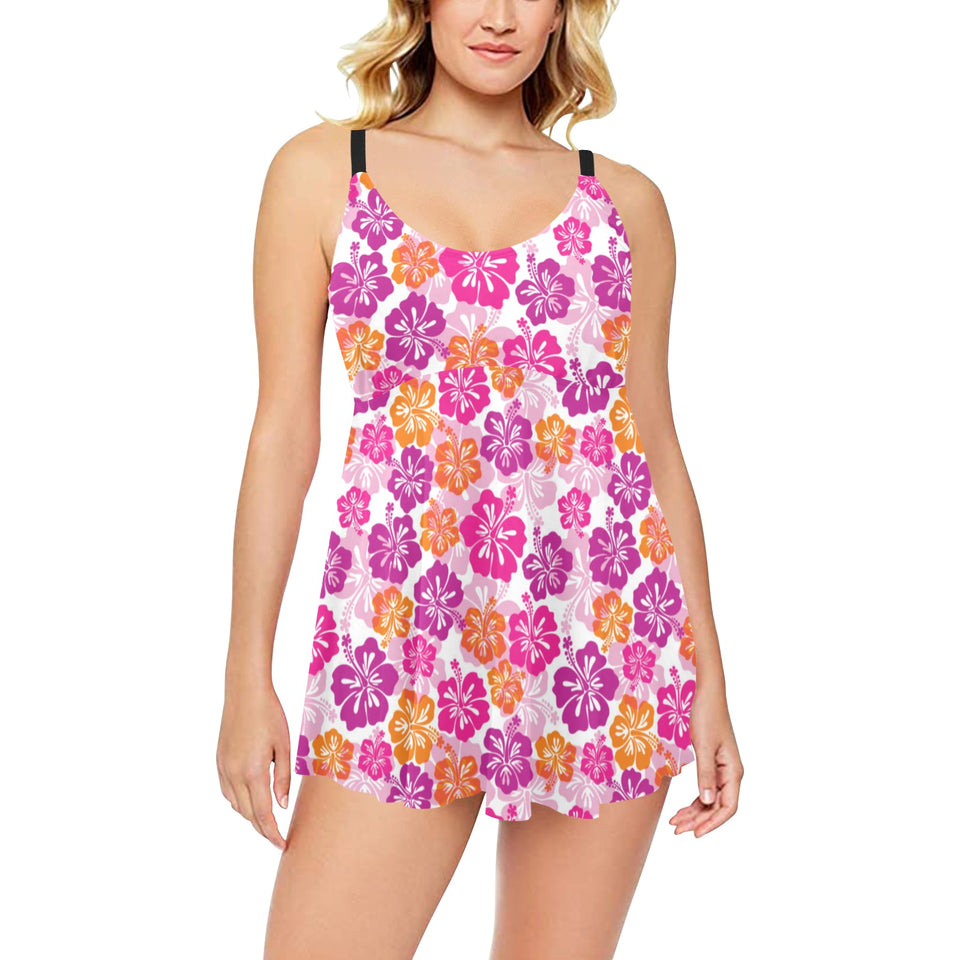Hibiscus Pattern Print Design 01 Chest Sexy Pleated Two Piece Swim Dress
