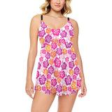Hibiscus Pattern Print Design 01 Chest Sexy Pleated Two Piece Swim Dress