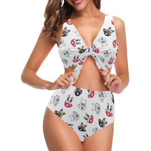 French bulldog cup paw pattern Chest Bowknot High Waisted Bikini Swimsuit