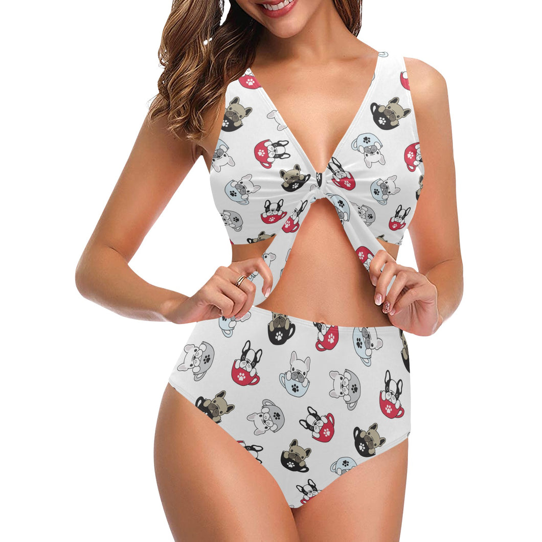 French bulldog cup paw pattern Chest Bowknot High Waisted Bikini Swimsuit