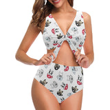 French bulldog cup paw pattern Chest Bowknot High Waisted Bikini Swimsuit