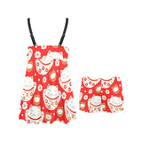 Cute Maneki neko cat red background Chest Sexy Pleated Two Piece Swim Dress